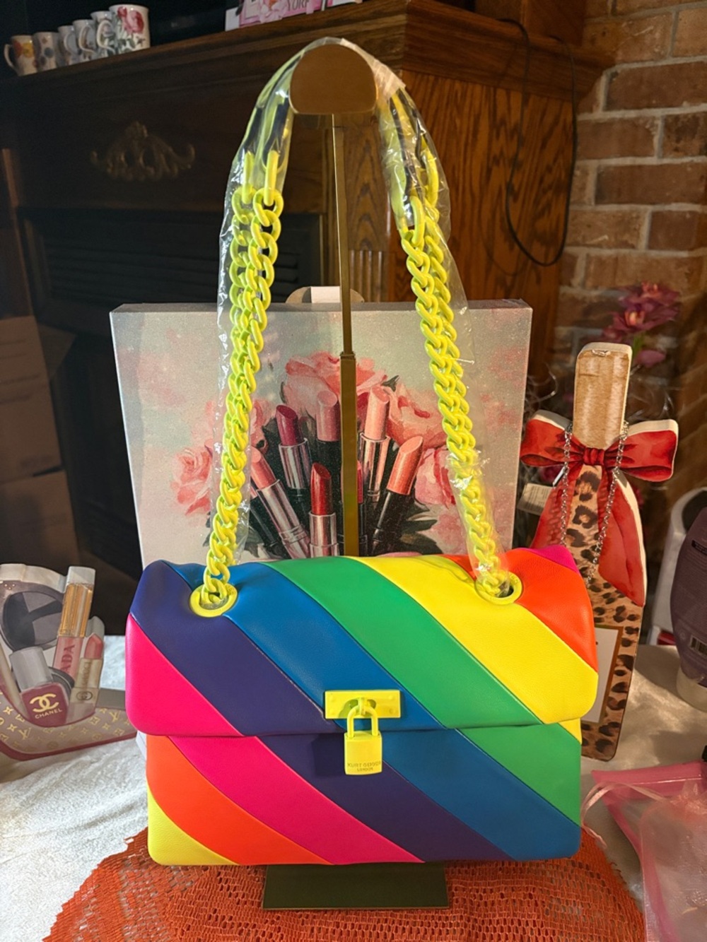 Kurt Geiger Brixton Lock Multi Color Shoulder Bag with Yellow Chain